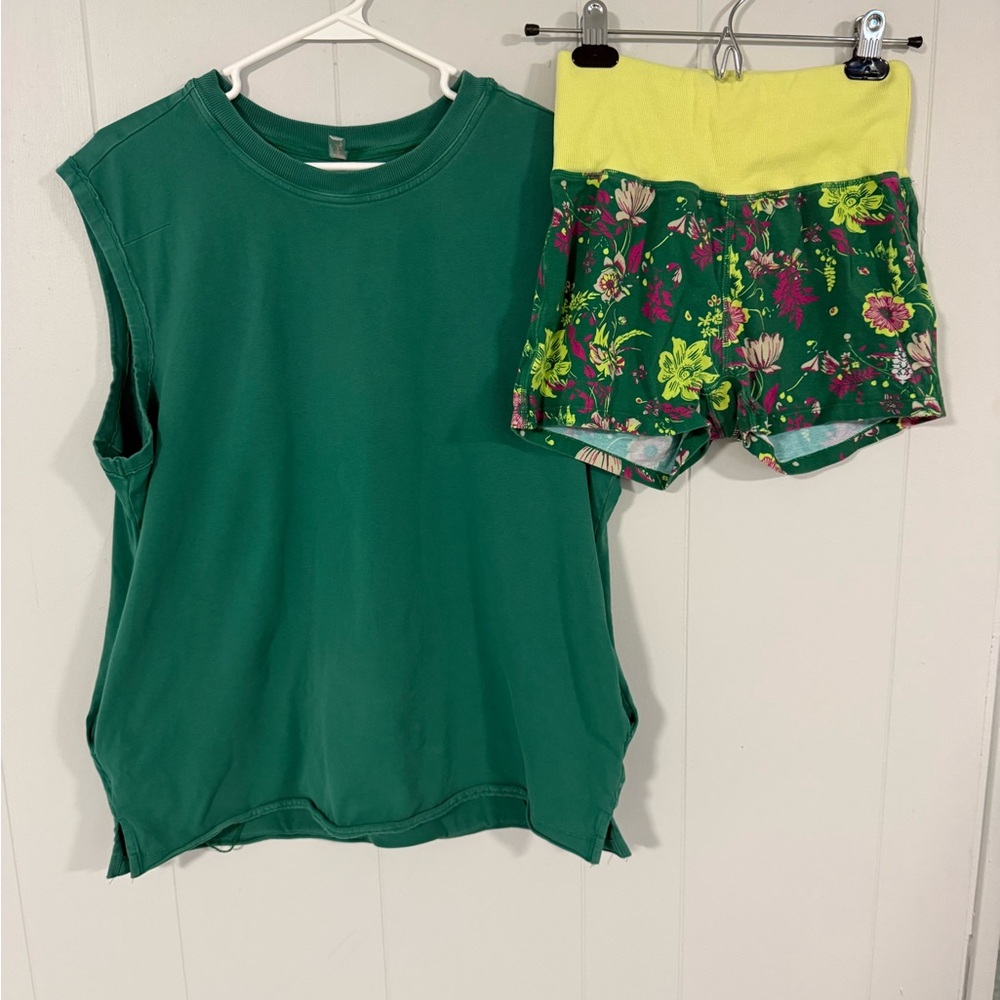 Free People Movement Green Tee with Floral  Biker Shorts Set Small
